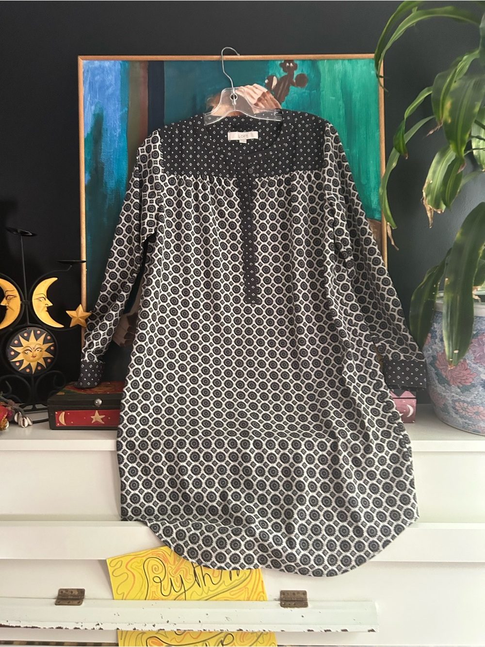LOFT Black White Printed Tunic Dress Long Sleeve Shift Women’s Size Medium - Picture 3 of 15